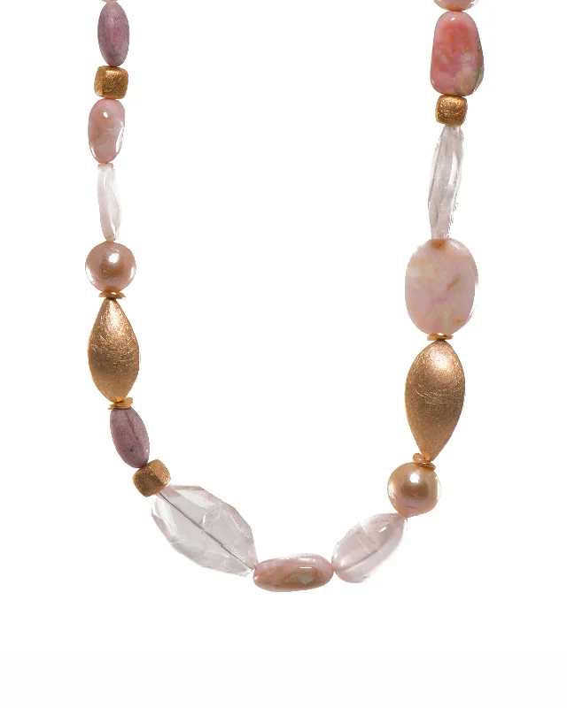 Ladies beaded necklaces-Rose Quartz, Pink Opalite, Flame and Pearls Necklace Fair Trade 24K Gold Vermeil