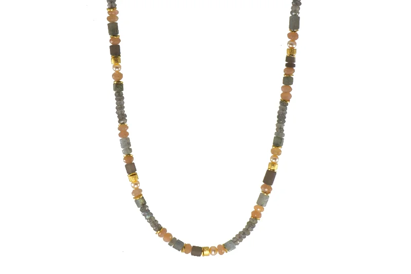 Ladies simple necklaces-Labradorite, Peach Moonstone, Smoky Quartz and Natural Pearl Necklace 5mm 24K Fair Trade Gold Vermeil