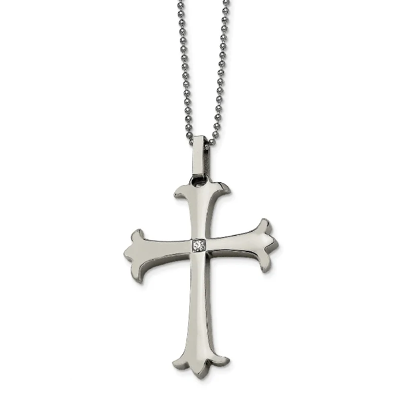 Ladies geometric pendant necklaces-Stainless Steel Polished Cross w/ CZ Pendant 22in Necklace