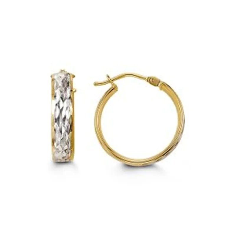 Ladies ruby earrings-10K Two Tone Gold Diamond Cut Wide Huggie Hoop Earrings