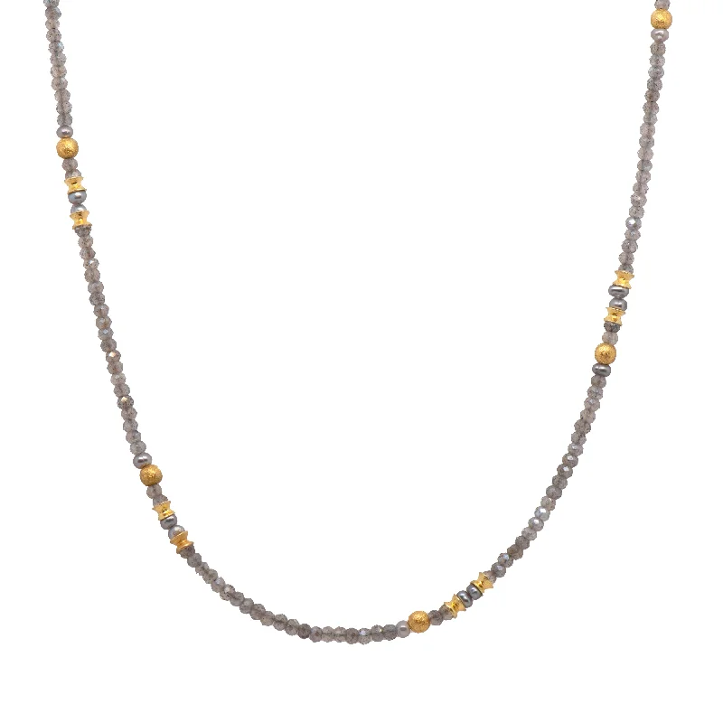 Ladies modern gold necklaces-Labradorite and Grey Pearls Necklace 2mm 24K Fair Trade Gold Vermeil