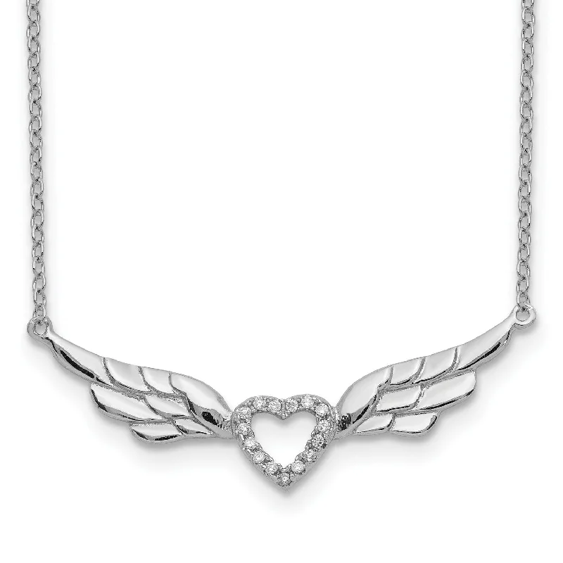 Ladies birthstone pendants-Sterling Silver Cubic Zirconia 17-inch 35MM Heart Wings Necklace