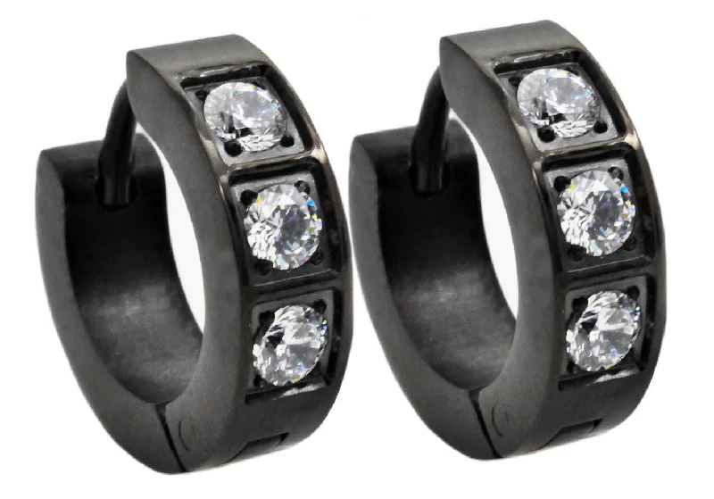 Ladies delicate stud earrings-Mens 14mm Black Plated Stainless Steel Hoop Earrings With Cubic Zirconia