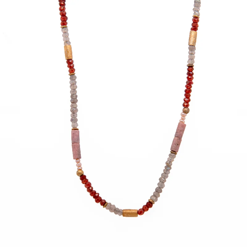 Ladies chain necklaces-Labradorite, Garnet, Rhodonite and Natural Pearl 3mm Necklace 24K Fair Trade Gold Vermeil