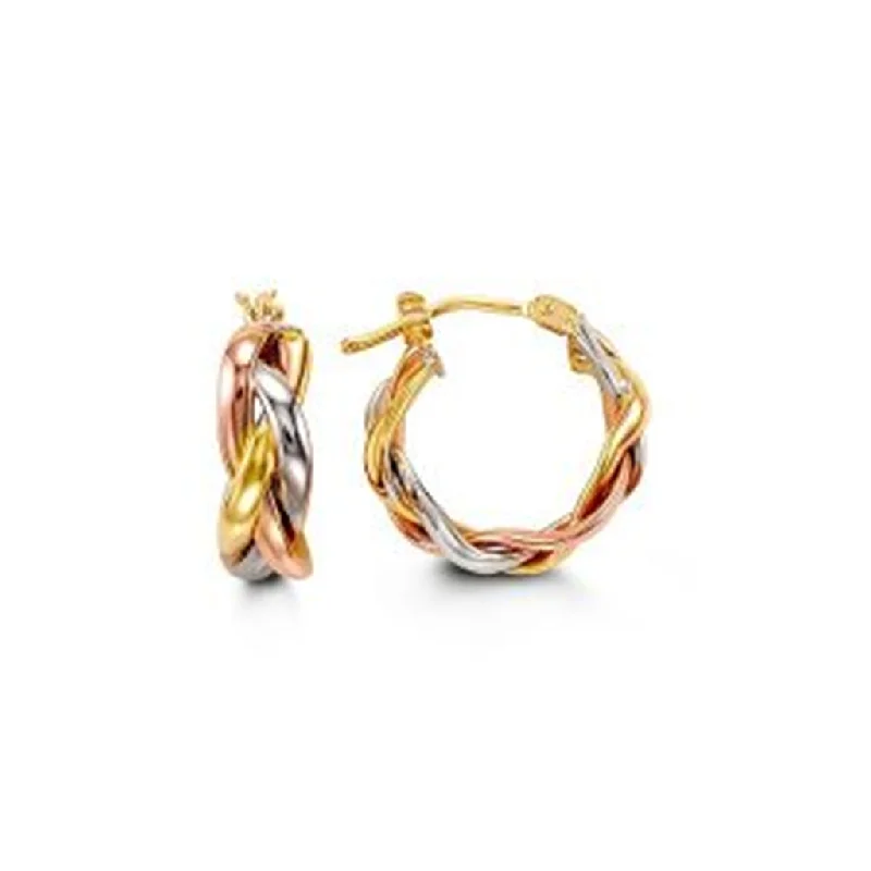 Ladies custom earrings-10K Three Tone Gold Braided Hoop Earrings