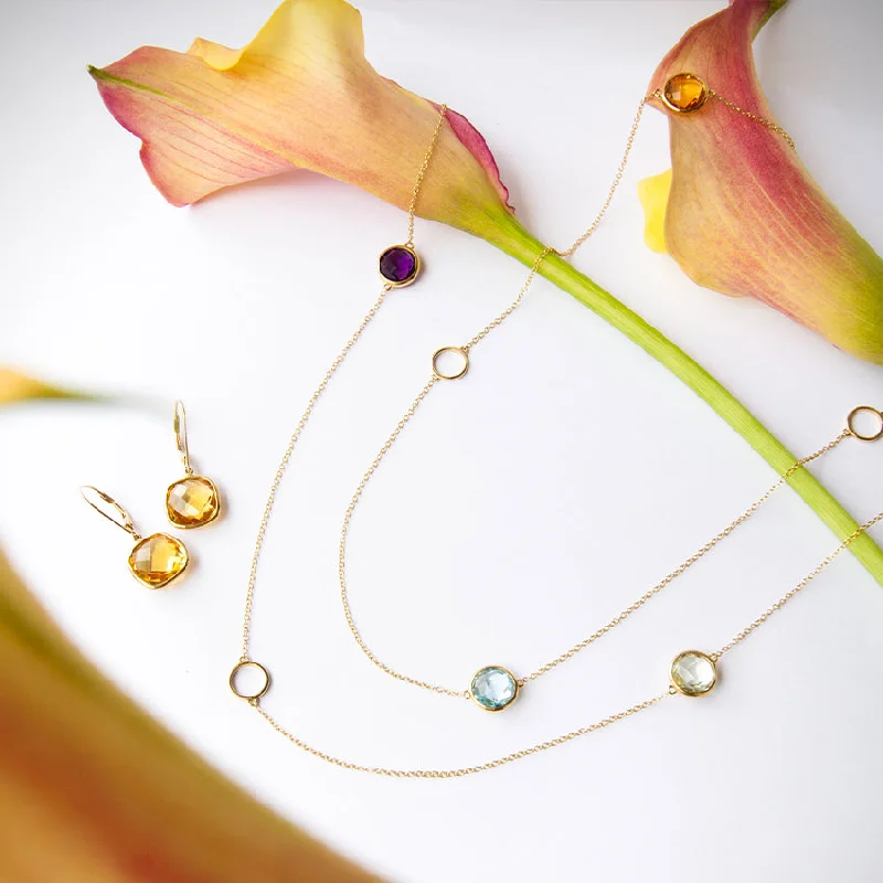 Ladies initial necklaces-Mixed Gems and Circle 18k Gold Necklace