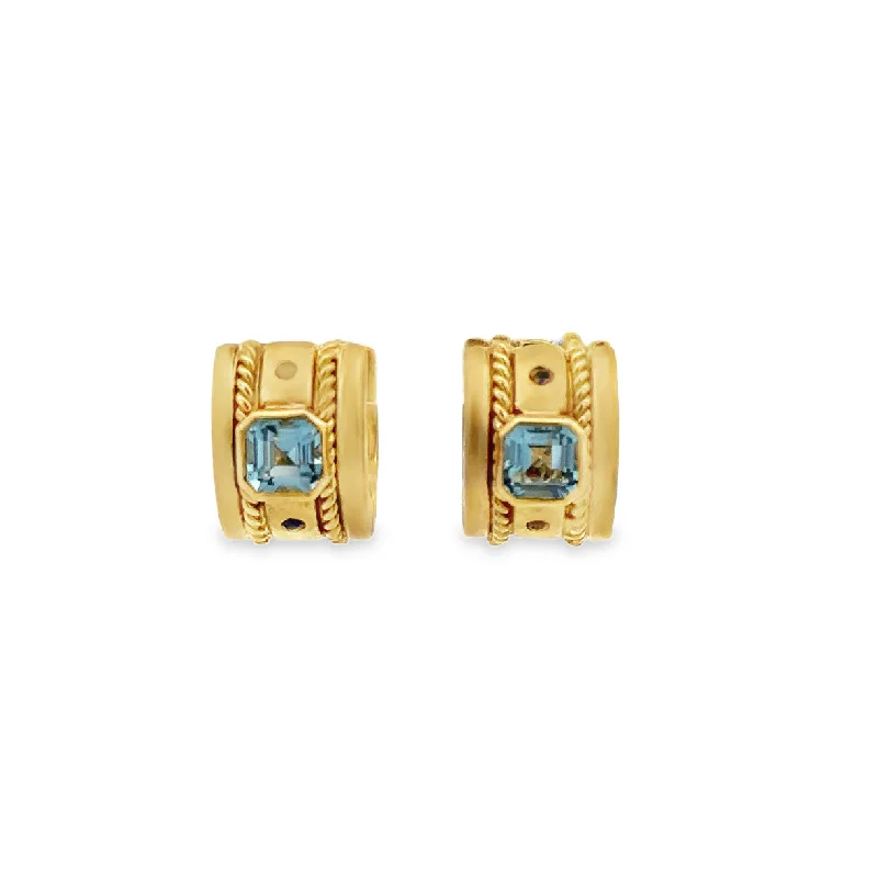 Ladies square earrings-Blue Topaz, Sapphire, and Diamond Hoop Earrings in 18k Yellow Gold