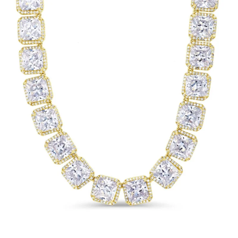 Ladies beaded necklaces-Luxe Layers 14KT Yellow Gold Plated Sterling Silver Square Cubic Zirconia 20-inch 10MM Halo Tennis Necklace