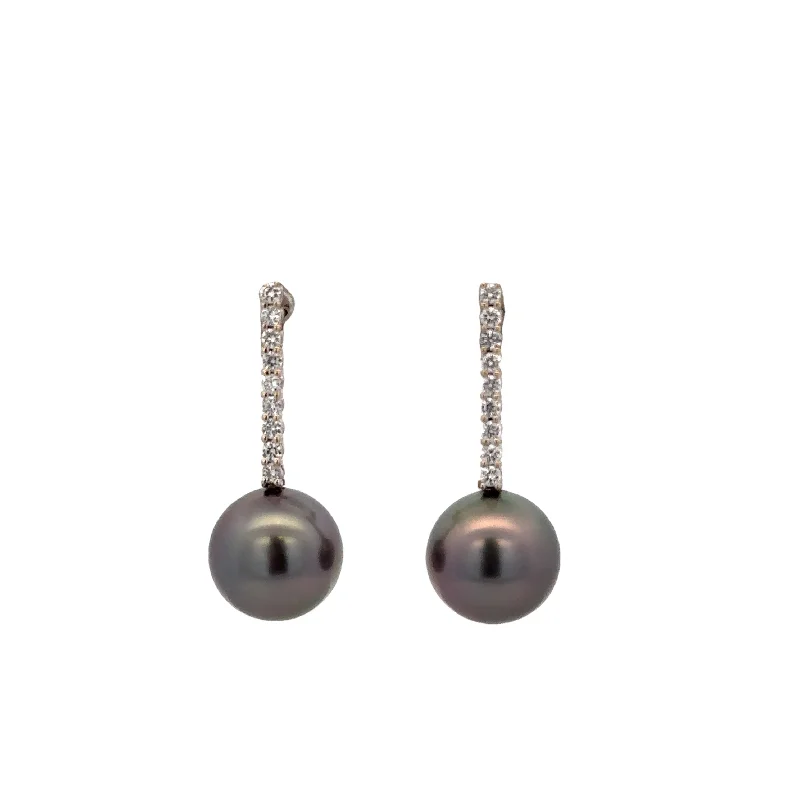 Ladies large hoop earrings-Tahitian South Sea Pearl and Diamond Drop Earrings in 18k White Gold