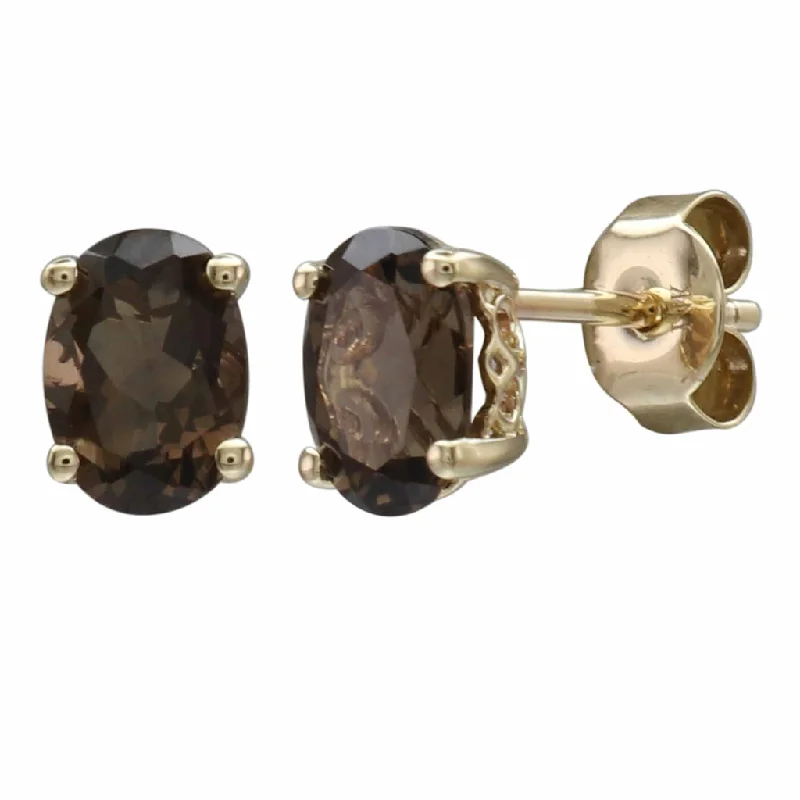 Ladies dangling earrings-14K Yellow Gold 1.58ctw Oval Smoky Quartz Stud Earrings