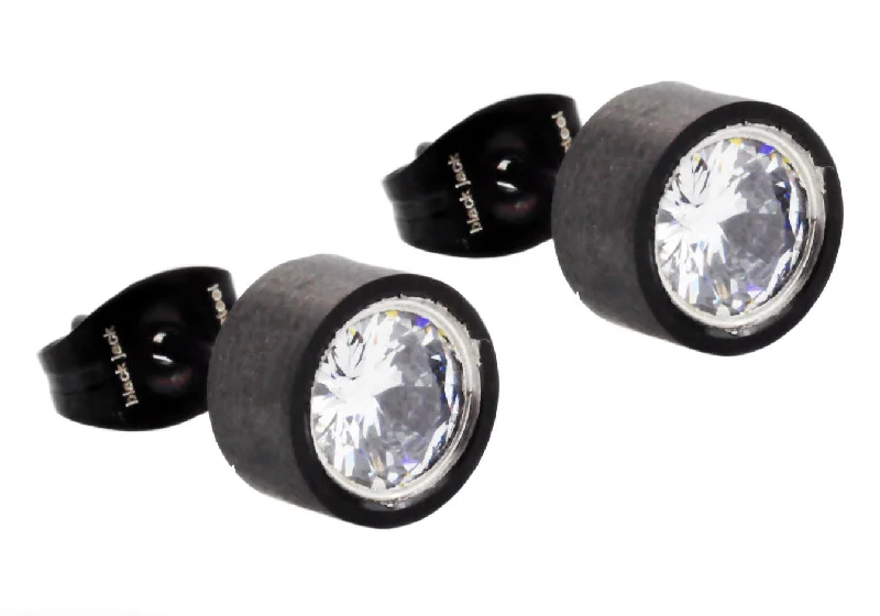 Ladies stud earrings-Mens 6mm Black Stainless Steel Earrings With Cubic ZIrconia