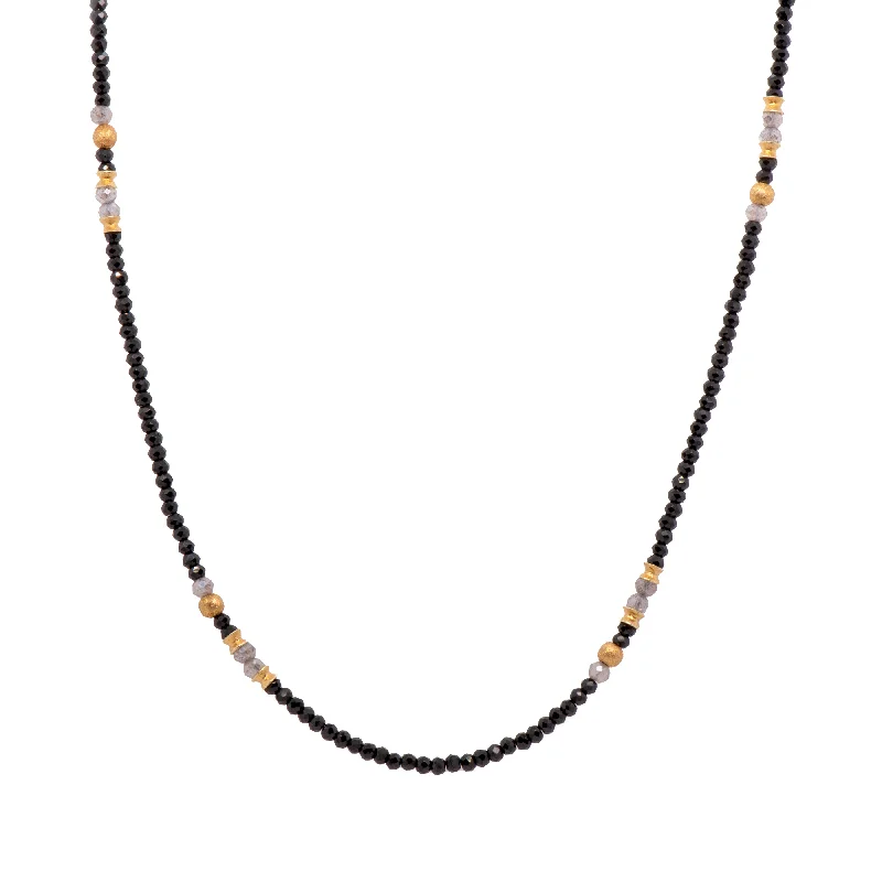 Ladies crystal necklaces-Black Spinel, Labradorite and Grey Pearl Necklace 2mm 24K Fair Trade Gold Vermeil