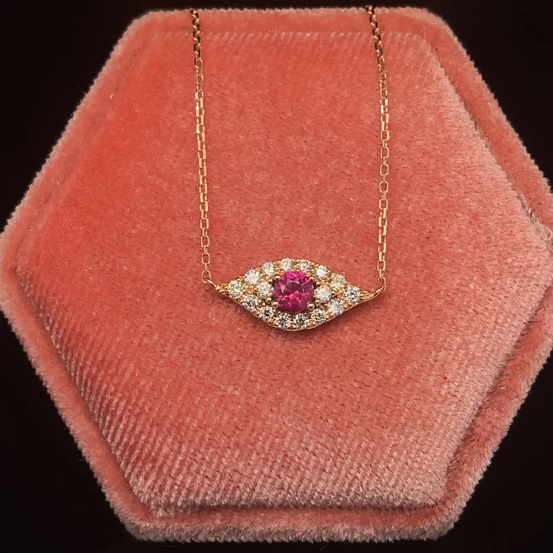 Ladies delicate necklaces-Ruby & Diamond Evil Eye Necklace in 18k Rose Gold - #570 - NLRUB011724