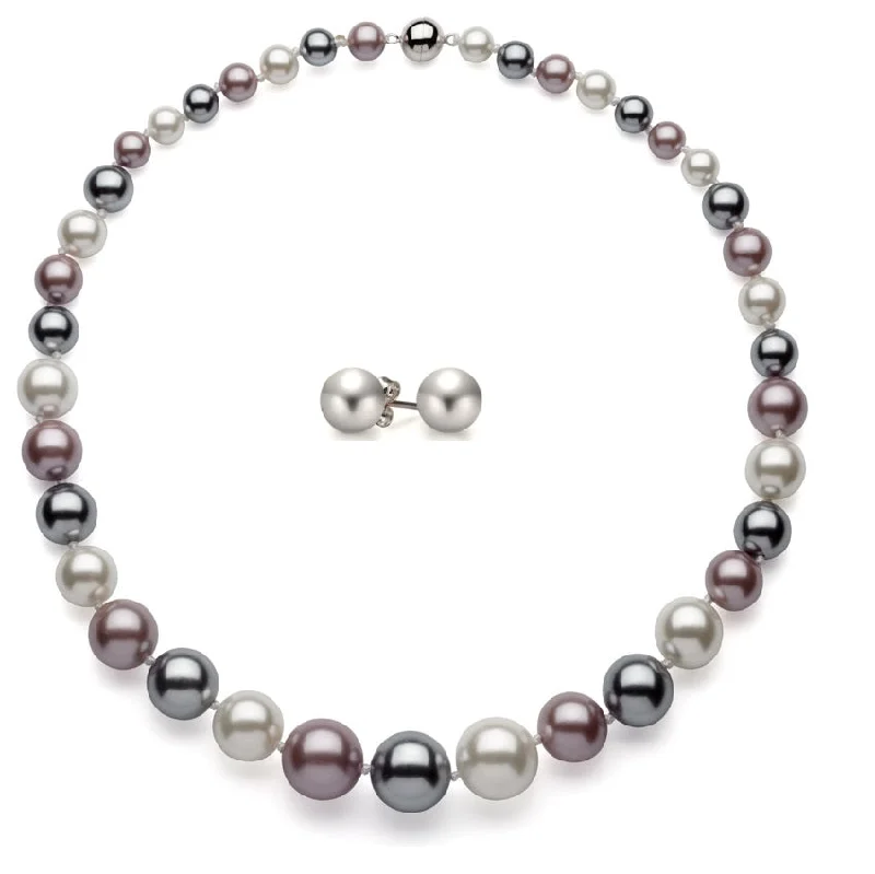 Ladies vintage necklaces-Round Shell Pearl Gem Stone Box Set 18-inch Necklace in Sterling Silver