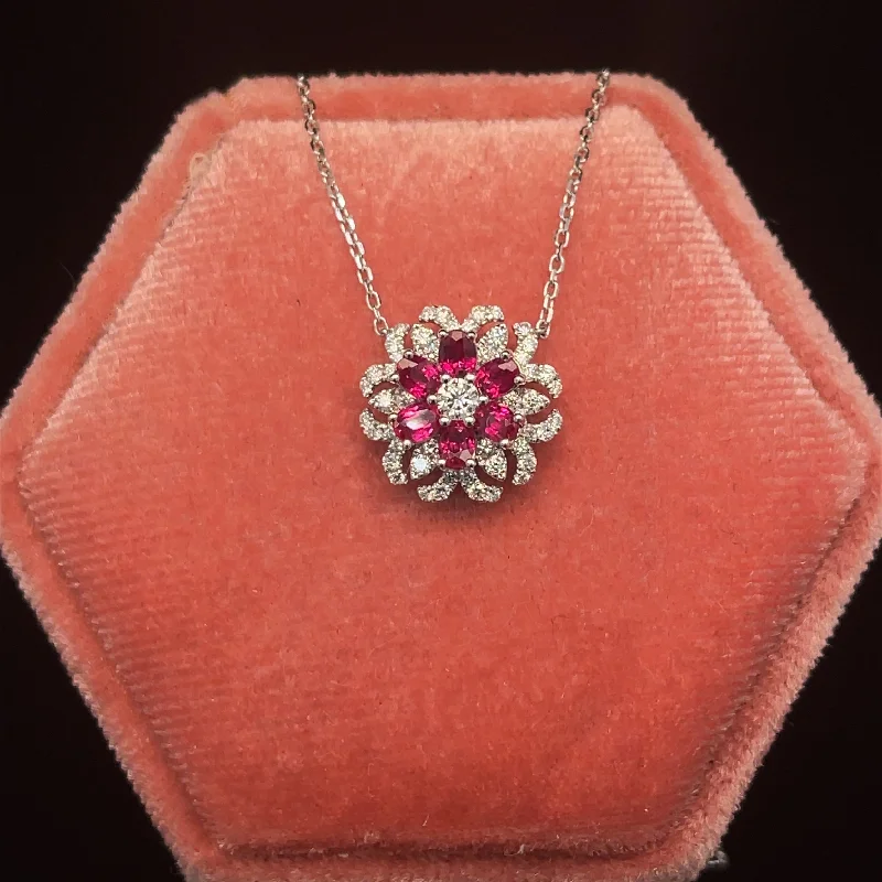 Ladies vintage necklaces-Ruby & Diamond Floral Bloom Cluster Necklace in 18k White Gold - #569 - NLRUB012030