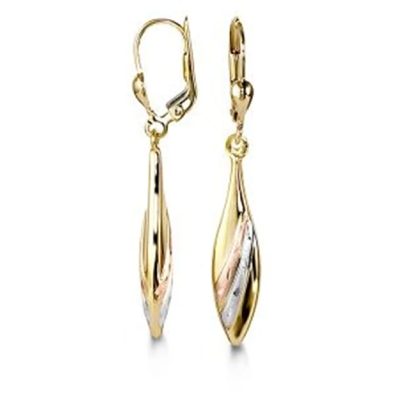 Ladies chandelier earrings-10K Three Tone Gold Polished and Satin Finish Drop Earrings