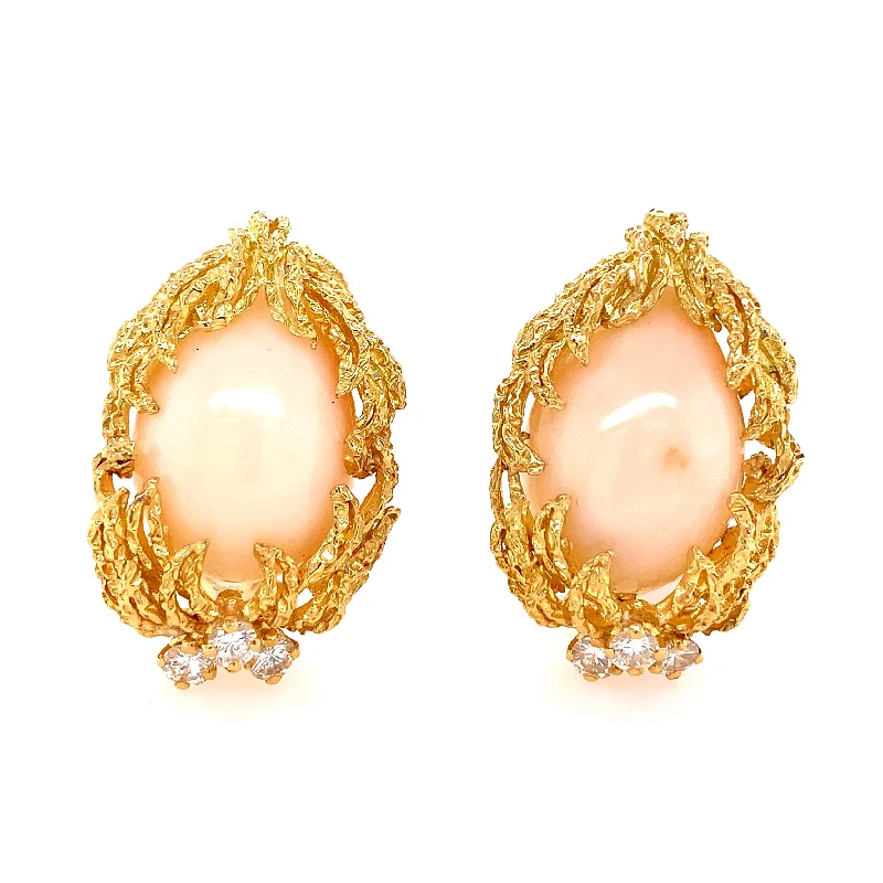 Ladies crystal earrings-Vintage Ivan & Co Angel Skin Coral and Diamond Earrings in Yellow Gold