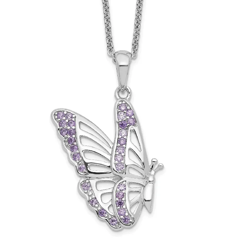 Ladies ruby necklaces-Sterling Silver Cubic Zirconia 18-inch Butterfly Never Give Up Necklace