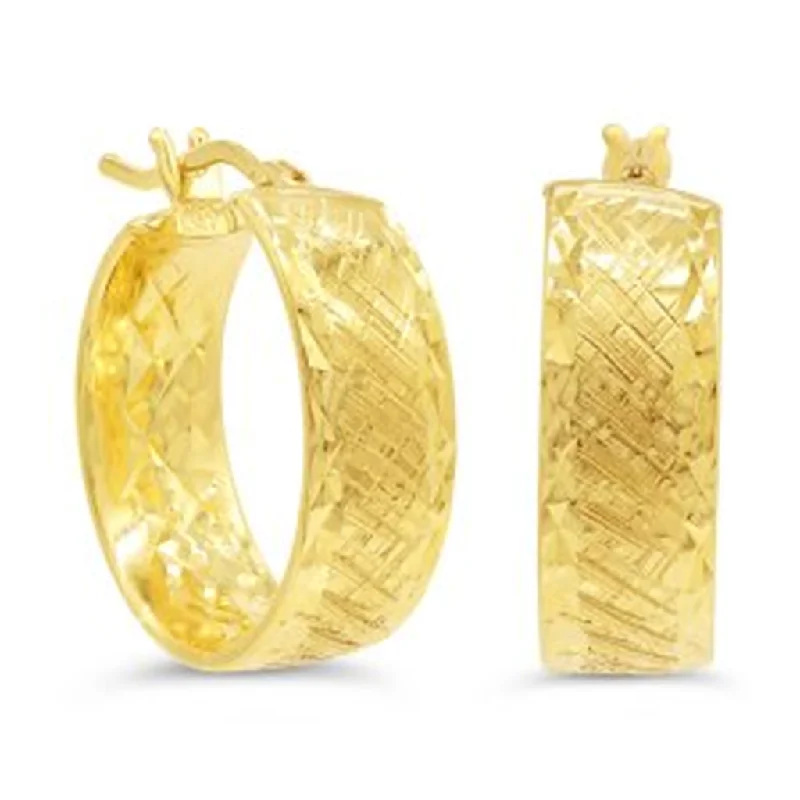 Ladies vintage gold earrings-10K Yellow Gold Wide Textured Hoop Earrings