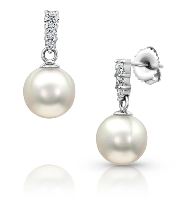 Ladies tassel earrings-14K White Gold 7-7.5mm Akoya Pearl & Diamond Drop Earrings