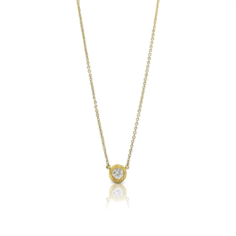 Ladies statement silver necklaces-Round Diamond set in Hammered Gold Bezel Necklace