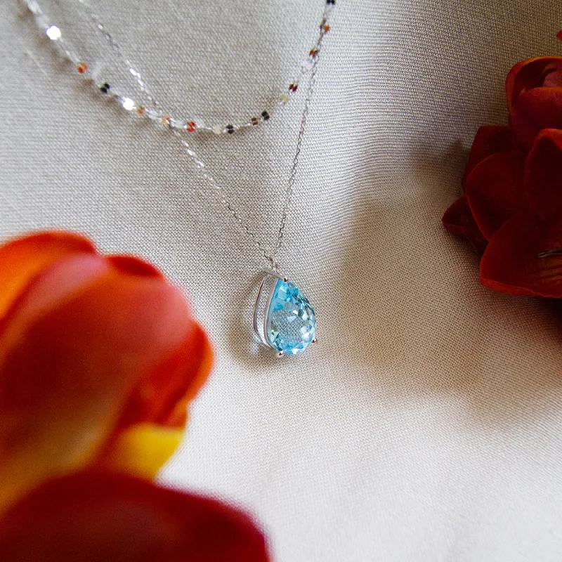 Ladies double chain necklaces-Natural Blue Topaz Double Layer 18k White Gold Necklace