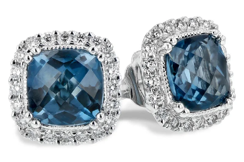 Ladies small stud earrings-14K White Gold 2.50ctw Cushion London Blue Topaz & Diamond Halo Stud Earrings by Allison Kaufman