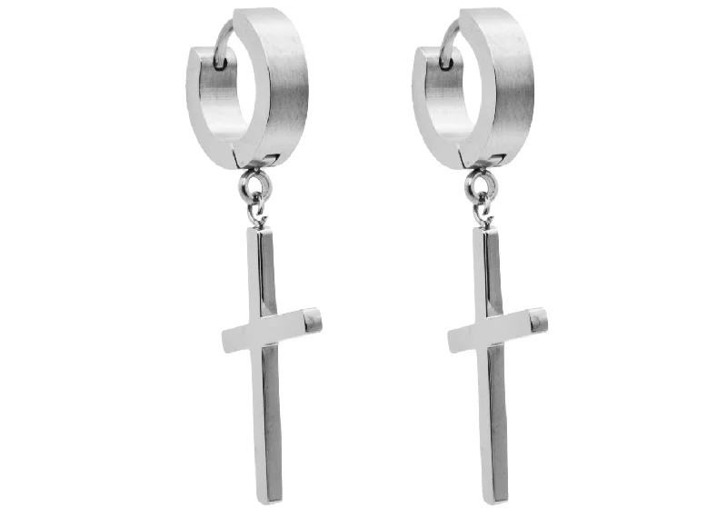 Ladies gemstone drop earrings-Mens Stainless Steel Cross Hoop Earrings