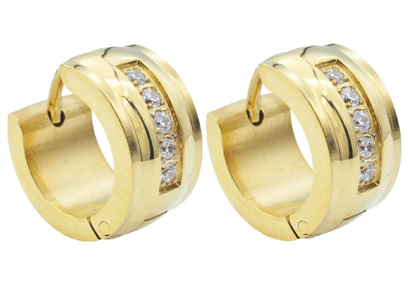 Ladies adjustable earrings-Men's 13mm Gold Stainless Steel Hoop Earrings With Cubic Zirconia