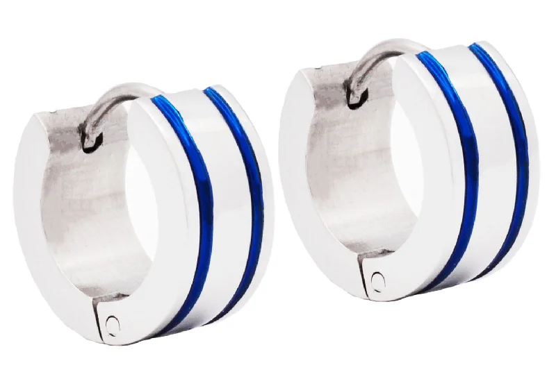 Ladies drop earrings with diamonds-Mens 14mm Stainless Steel Blue Divoted Hoop Earrings