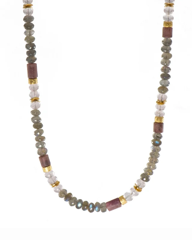 Ladies choker necklaces-Labradorite, Rose Quartz and Rhodonite 5mm Necklace 24K Fair Trade Gold Vermeil