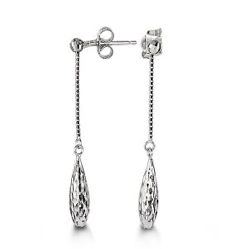 Ladies floral earrings-10K White Gold Textured Drop Earrings