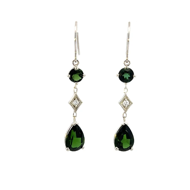 Ladies classic earrings-Estate 14K White Gold Green Tourmaline & Diamond Drop Earrings