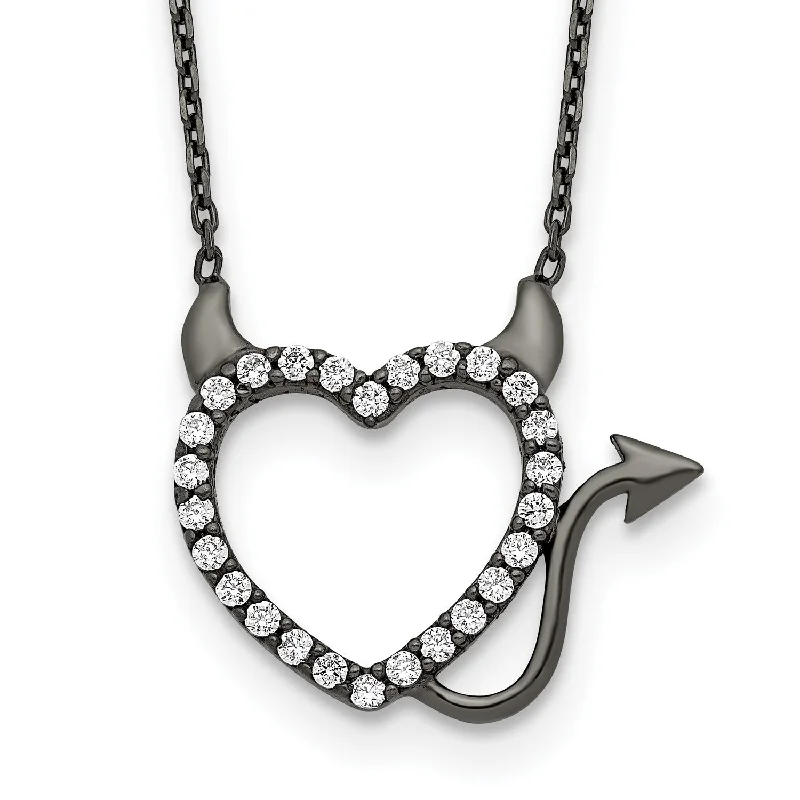 Ladies long necklaces-Black Ruthenium Plated Sterling Silver Cubic Zirconia 16-inch Heart Devil Necklace