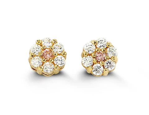 Ladies large statement earrings-14K Yellow Gold White & Pink Cubic Zirconia Cluster Kid's Stud Earrings