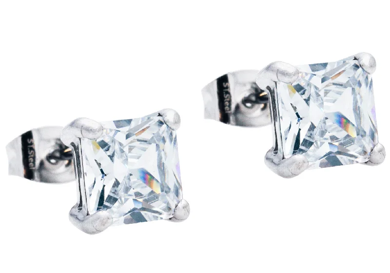 Ladies small stud earrings-Mens 7mm Cubic Zirconia Stainless Steel Square Stud Earrings