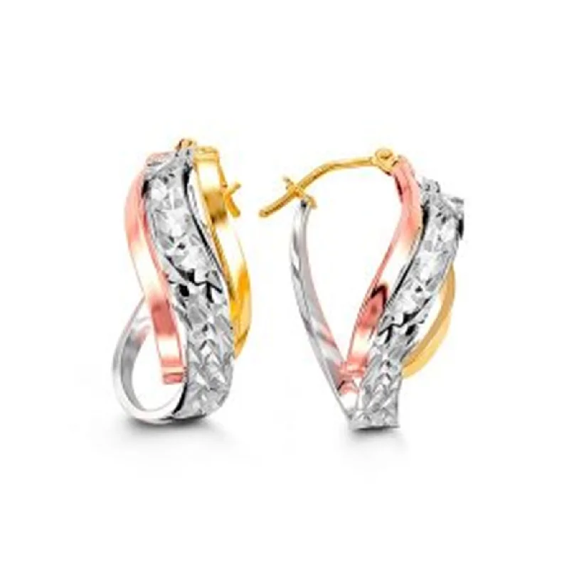 Ladies vintage earrings-10K Three Tone Gold Diamond Cut Twist Hoop Earrings