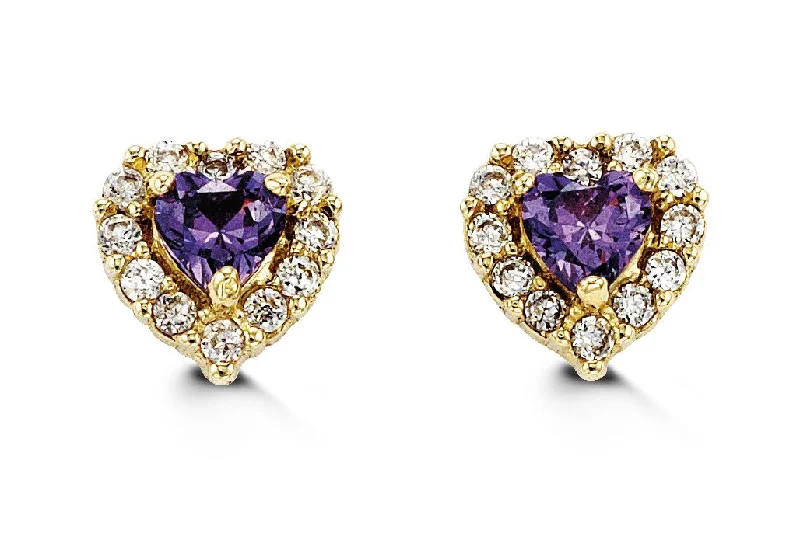 Ladies engagement earrings-14K Yellow Gold Purple Cubic Zirconia Heart Kid's Stud Earrings