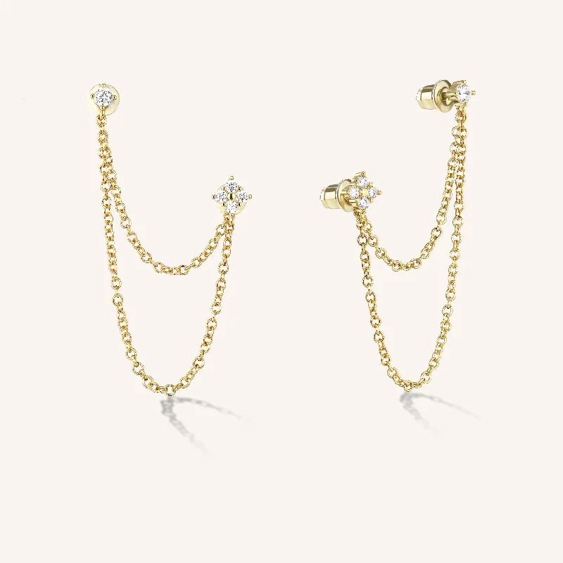 Ladies romantic earrings-Duo Chain Stud Earrings