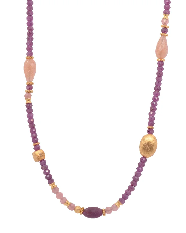 Ladies lock and key necklaces-Ruby and Peach Moonstone, Necklace 24K Fair Trade Gold Vermeil