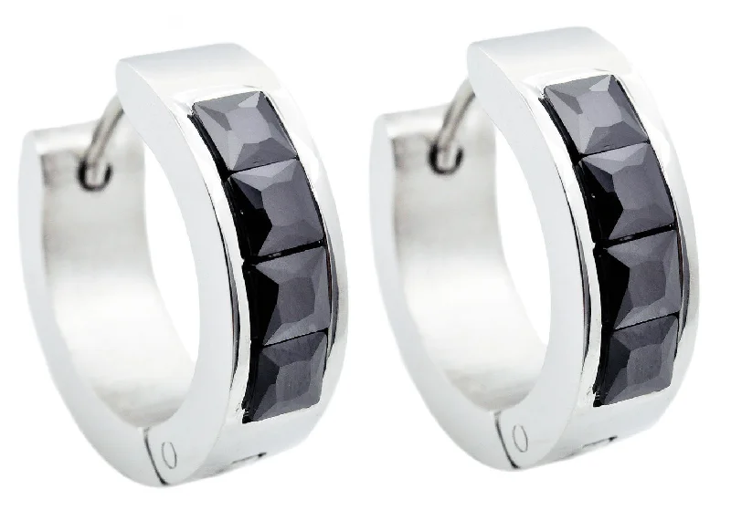 Ladies art deco earrings-Mens 17mm Stainless Steel Hoop Earrings With Black Cubic Zirconia