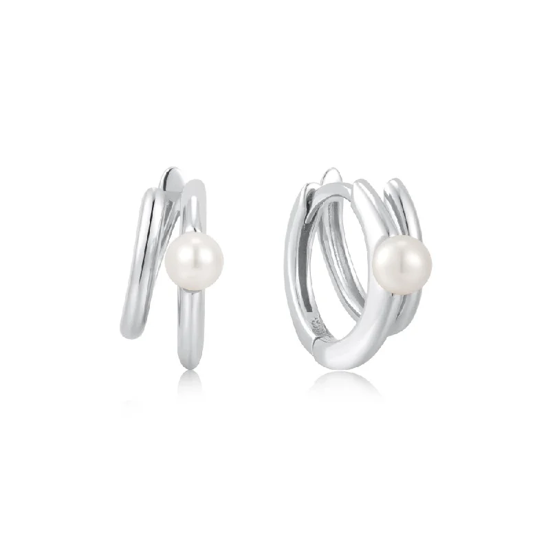 Ladies ruby earrings-Sterling Silver Pearl Double Huggie Hoop Earrings by Ania Haie