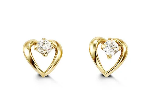 Ladies twisted earrings-14K Yellow Gold Cubic Zirconia Heart Kid's Earrings