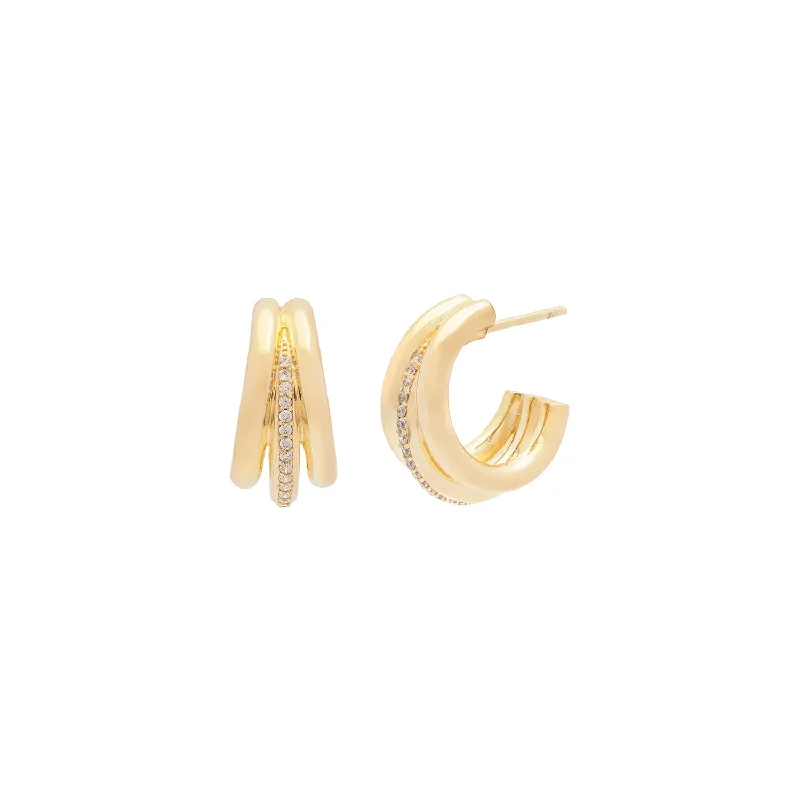 Ladies diamond earrings-Triplette Pavé Hoops | CZ & Gold