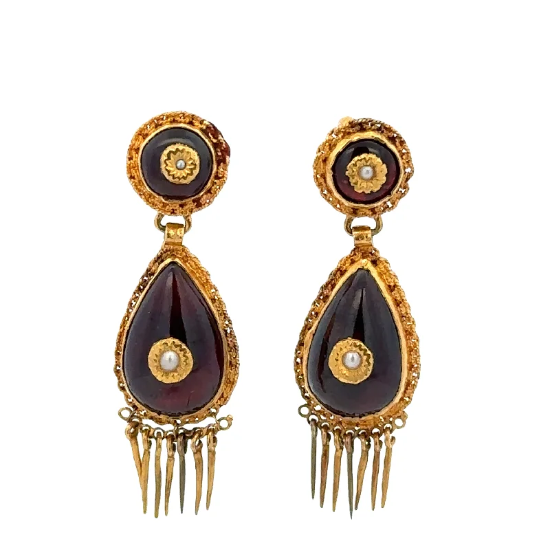 Ladies flower-shaped earrings-Antique Victorian Garnet and Seed Pearl Earrings in Yellow Gold