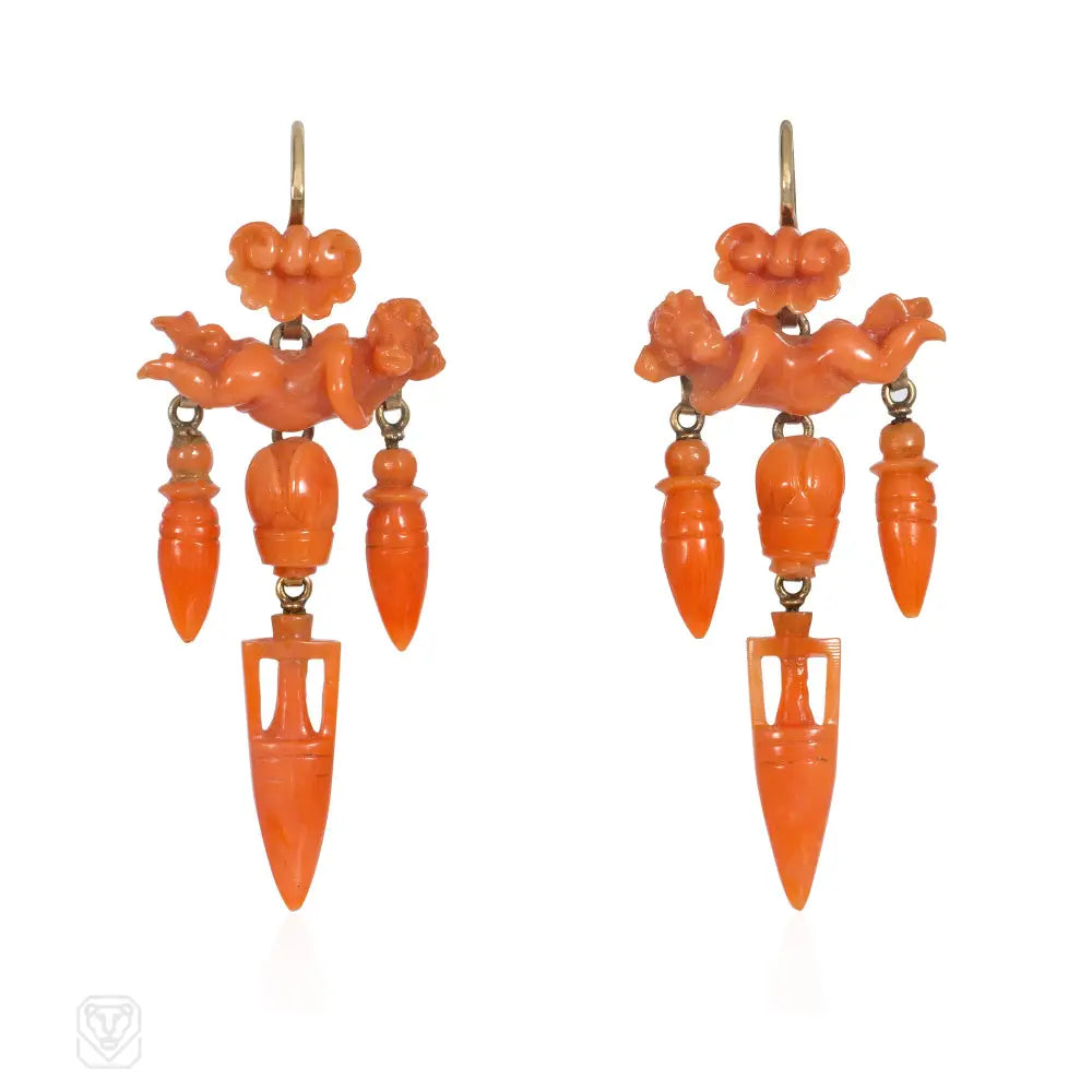 Ladies geometric earrings-Victorian carved coral angel earrings