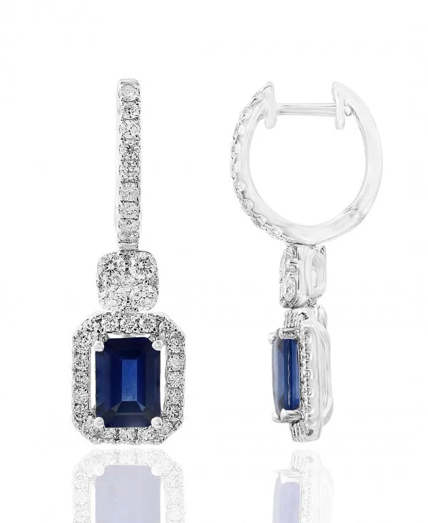 Ladies feather earrings-Sapphire and Diamond Earrings in 18k White Gold