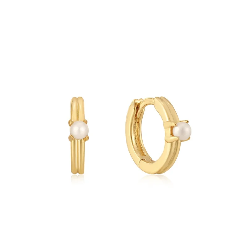 Ladies luxurious pearl earrings-14K Yellow Gold Plated Pearl Huggie Hoop Earrings by Ania Haie