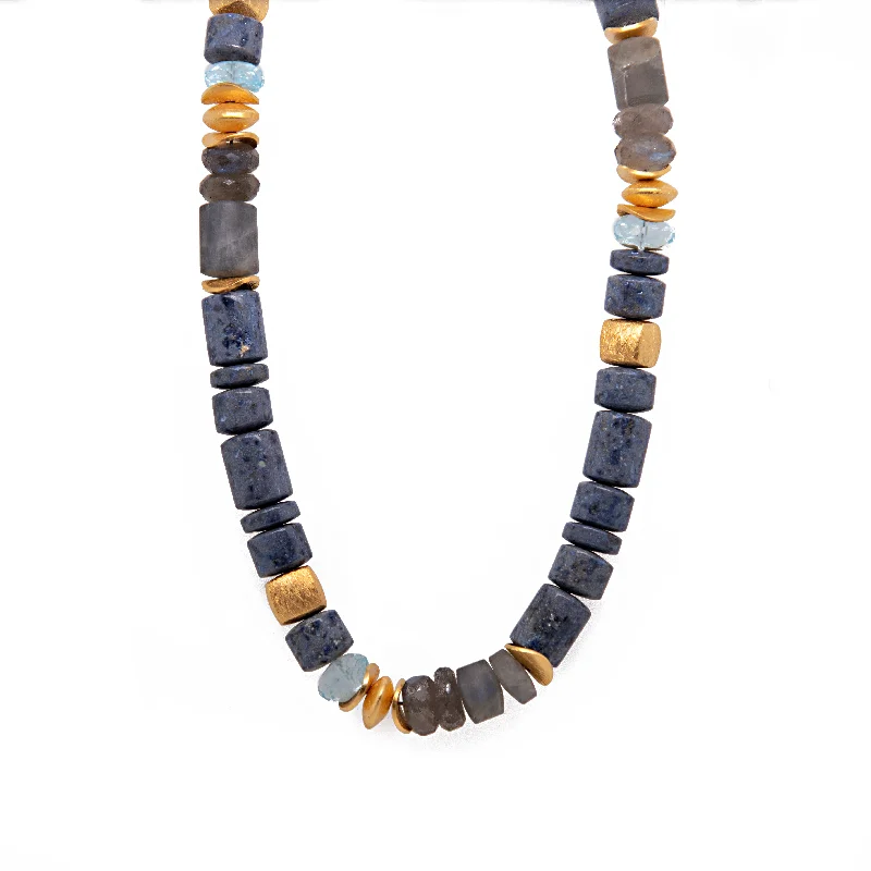 Ladies woven necklaces-Polished Dumortierite, Sky Blue Topaz and Labradorite 8mm Necklace 24K Fair Trade Gold Vermeil