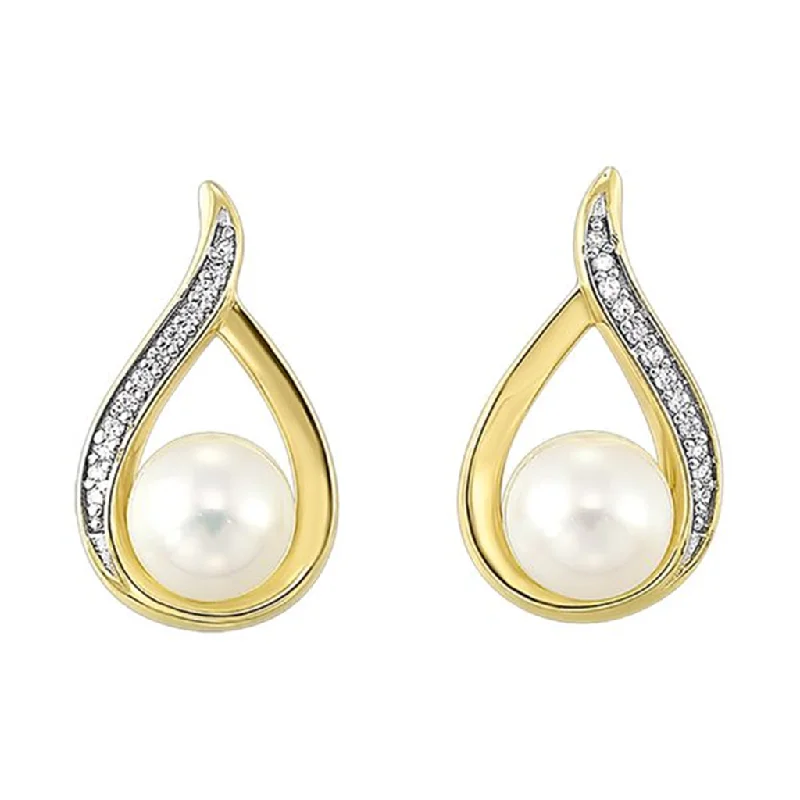 Ladies oval earrings-14K Two Tone Gold 5mm Pearl & Diamond Drop Earrings